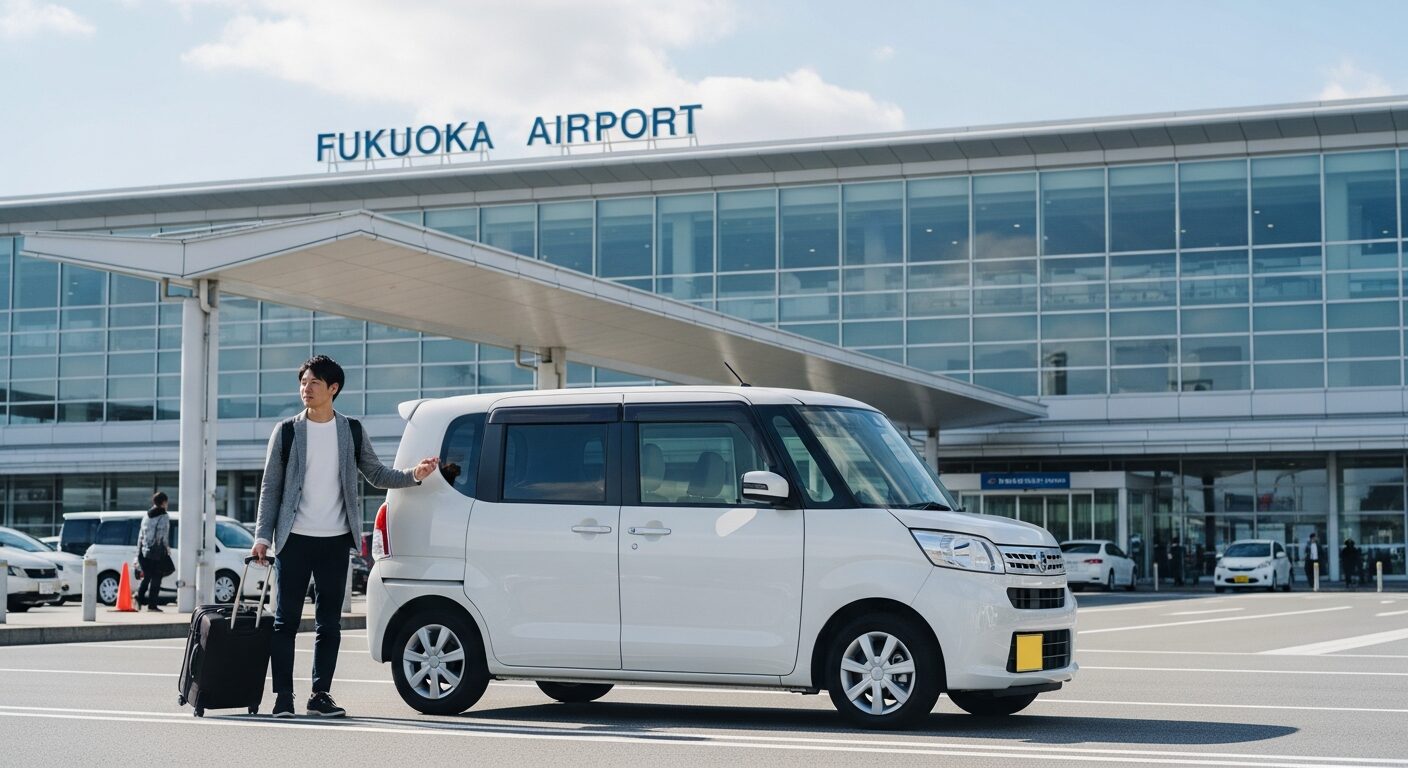 福岡空港ターミナル前でスーツケースを持つ男性と軽自動車