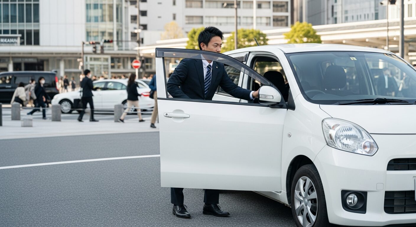 博多駅前で白いコンパクトカーに乗り込むビジネスマン