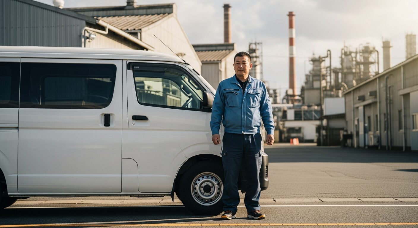 工業地帯で白い商用バンの前に立つ作業着の男性