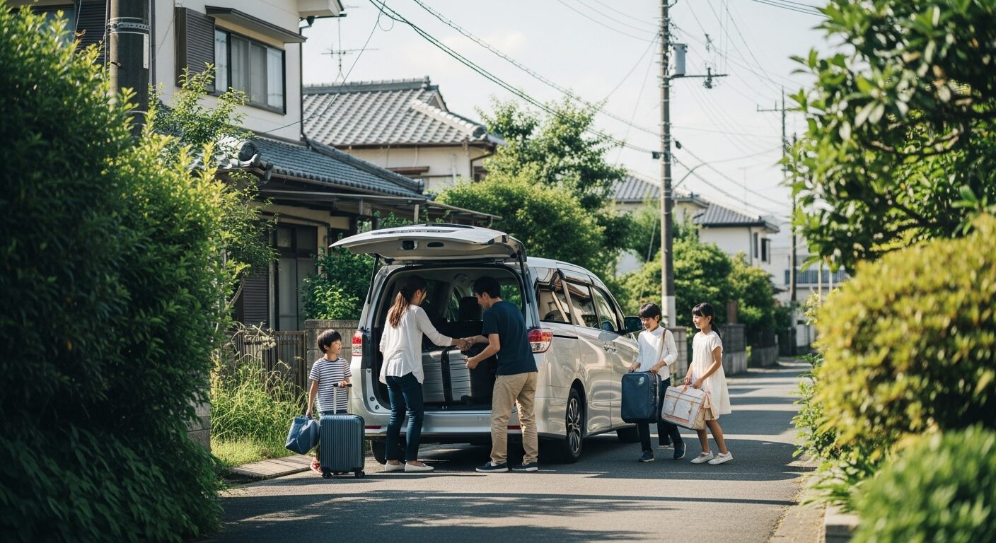 郊外の住宅街でミニバンに荷物を積む家族