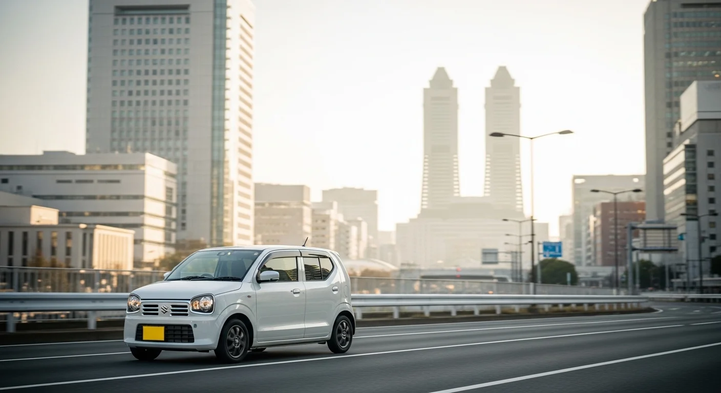 名古屋駅前の都心を走るマンスリーレンタカーの軽自動車 GOGOマンスリーレンタカー