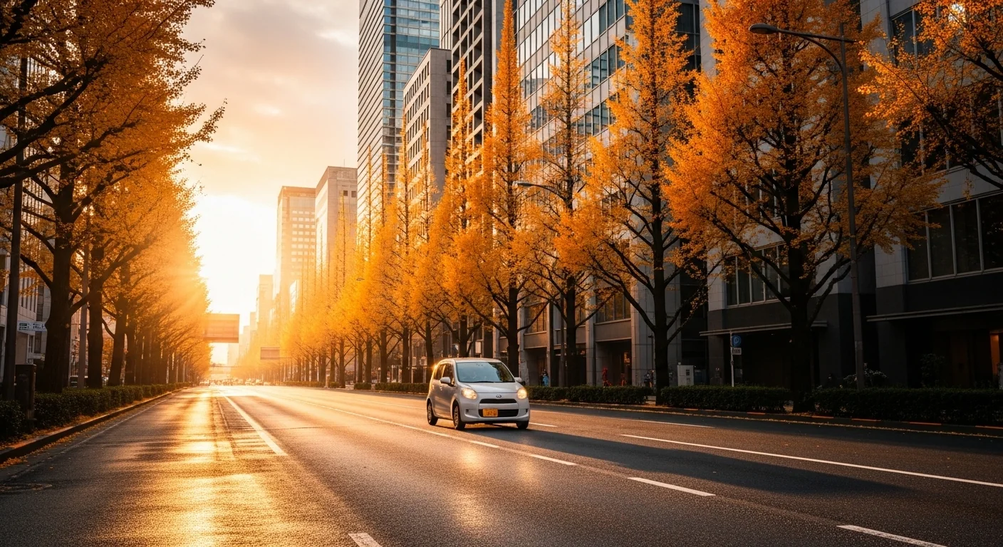 大阪 御堂筋のイチョウ並木と白いレンタカー GOGOマンスリーレンタカー