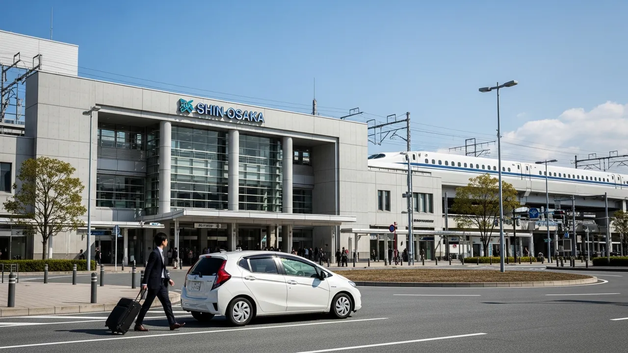 新大阪駅の外観と駅前ロータリー・白いレンタカーとビジネスマン GOGOマンスリーレンタカー
