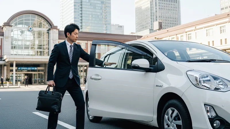 出張中のビジネスマンが駅前で白いレンタカーに乗り込む