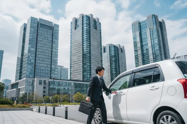 さいたま市・川口のオフィス街で法人向けレンタカーを利用するビジネスマン