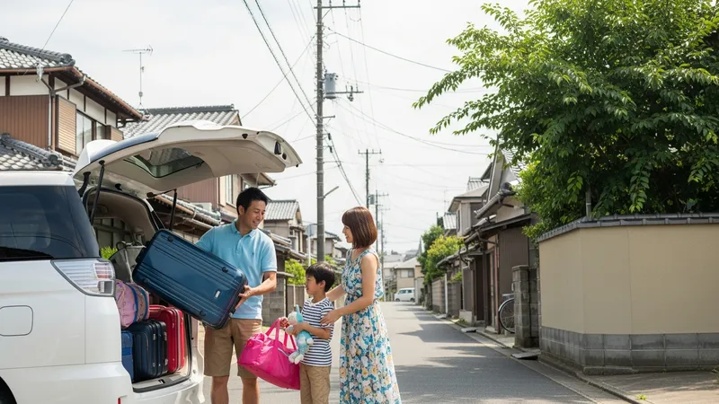 帰省中の日本人家族が白いレンタカーに荷物を積み込んでいる
