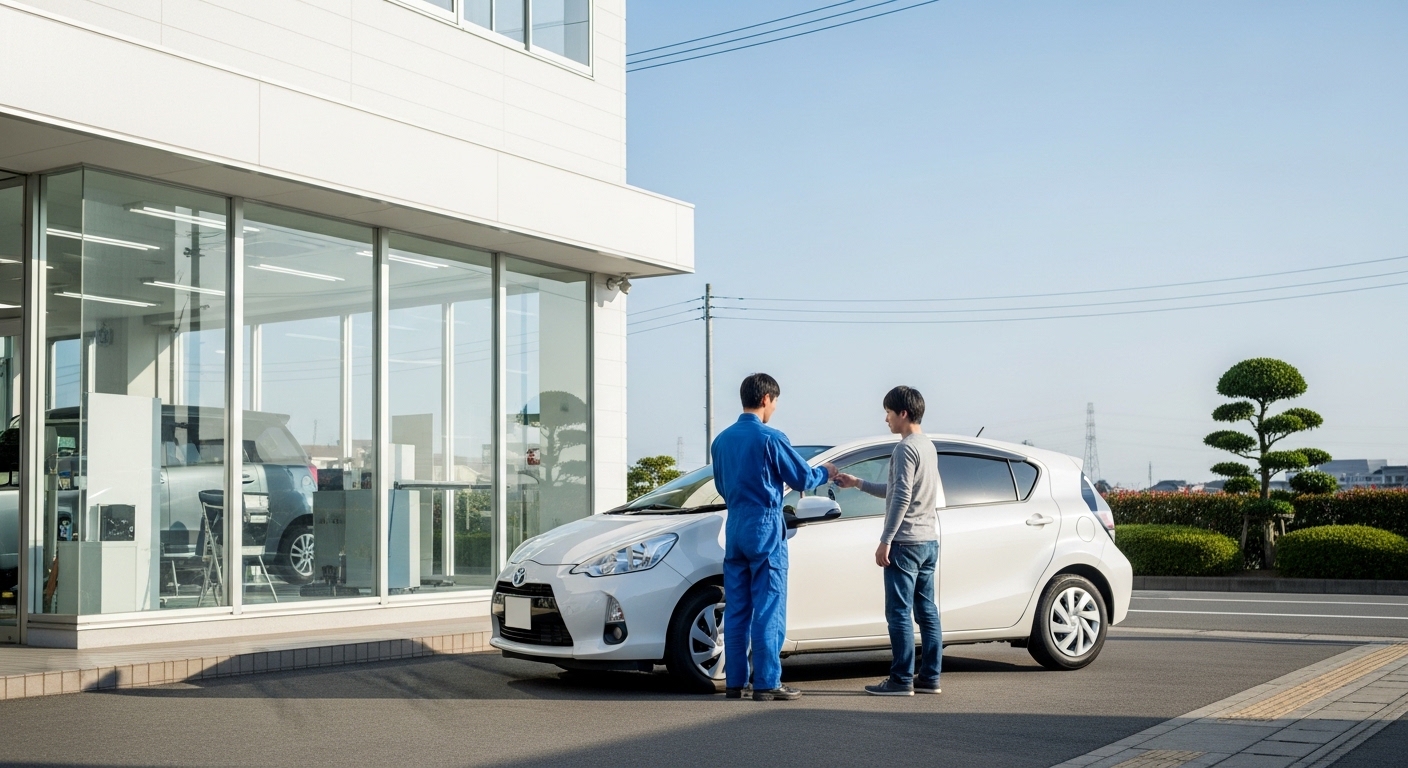 修理工場で代車レンタカーの鍵を受け渡し