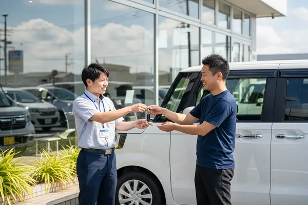 修理工場やディーラーで代車レンタカーの鍵を受け渡し