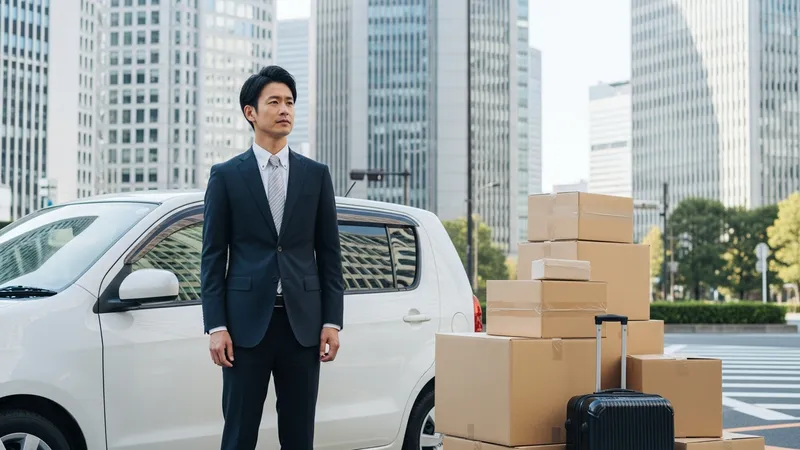 転勤・赴任のビジネスマンが白いレンタカーの横に立っている
