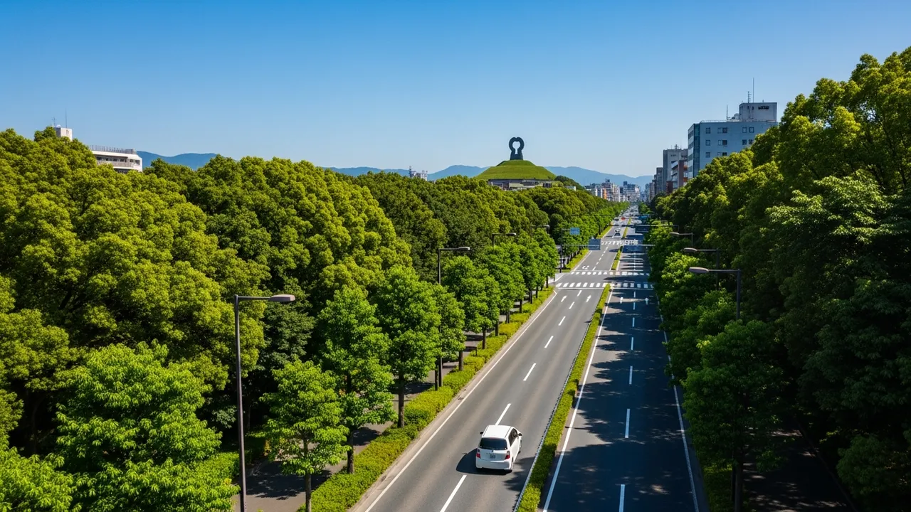 堺市の仁徳天皇陵古墳方面の道路を走る白いレンタカー GOGOマンスリーレンタカー