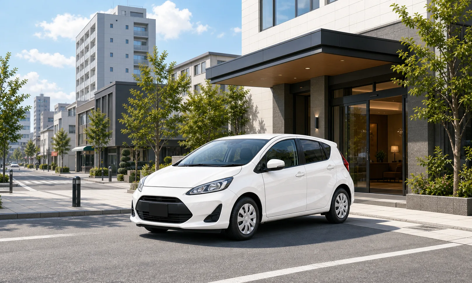 久留米のビジネスホテル前で使いやすいコンパクトカークラスのマンスリーレンタカー