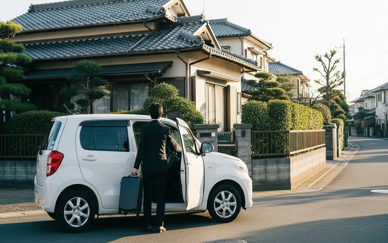 堺市の住宅街の自宅前で白いコンパクトカーに乗り込む日本人ビジネスマン