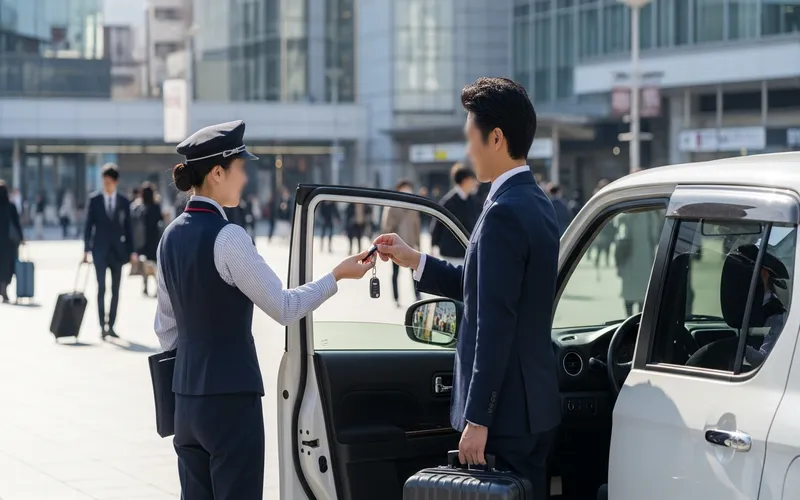 新大阪駅前ロータリーで白いコンパクトカーをスタッフから受け取る日本人ビジネスマン