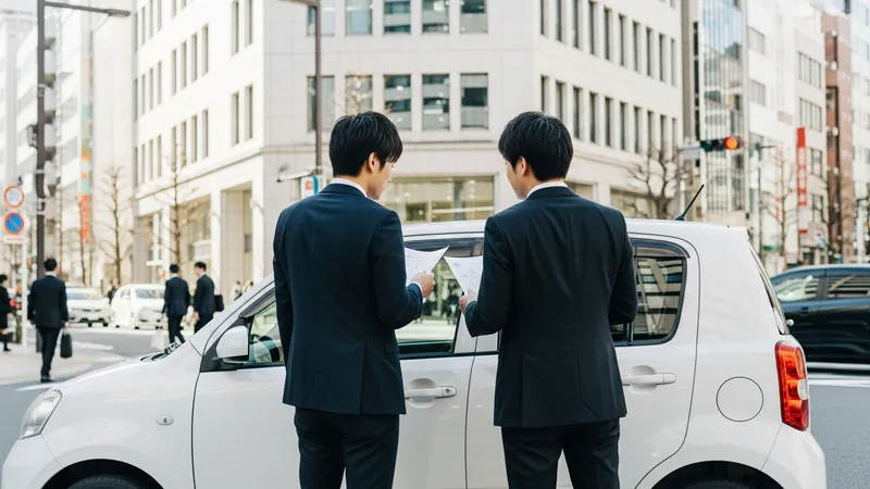 中規模オフィスビルの前でスーツ姿の日本人ビジネスマン2人が白いコンパクトカーの横で打ち合わせ