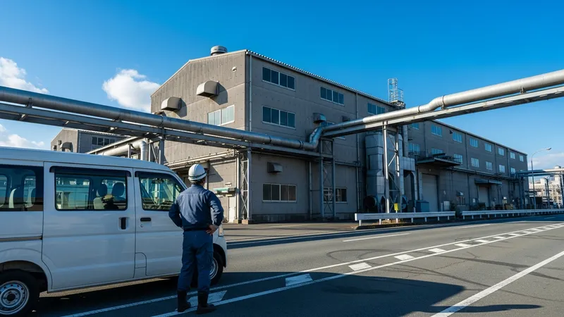 堺浜臨海工業地帯の工場前に停まる白い軽バンと作業着姿の日本人男性