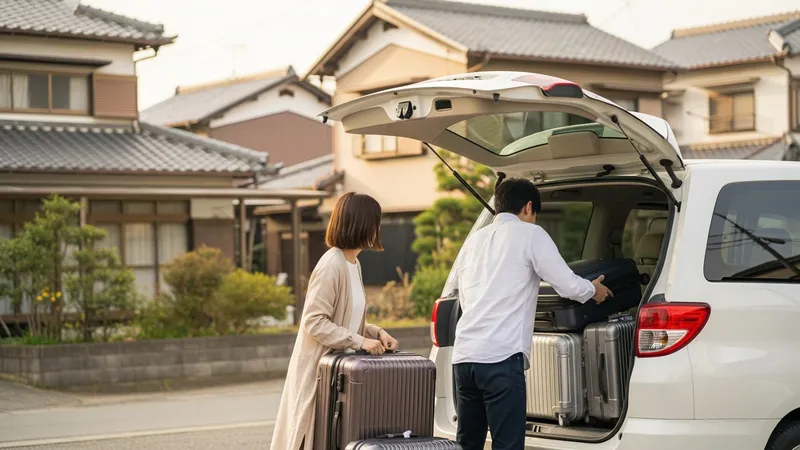 日本の住宅街で白いミニバンにスーツケースを積み込む30代の日本人夫婦