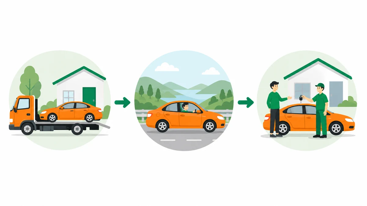 宅配で車を届けて利用後に引き取りに来る3ステップ図