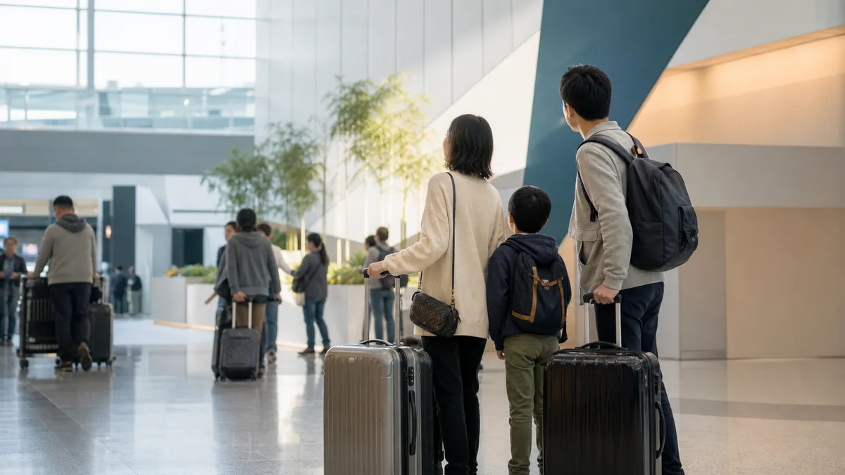 成田空港の到着ロビーでレンタカー利用を考える旅行者