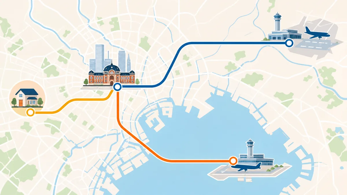 成田空港と羽田空港、自宅、都内駅をつなぐルート図