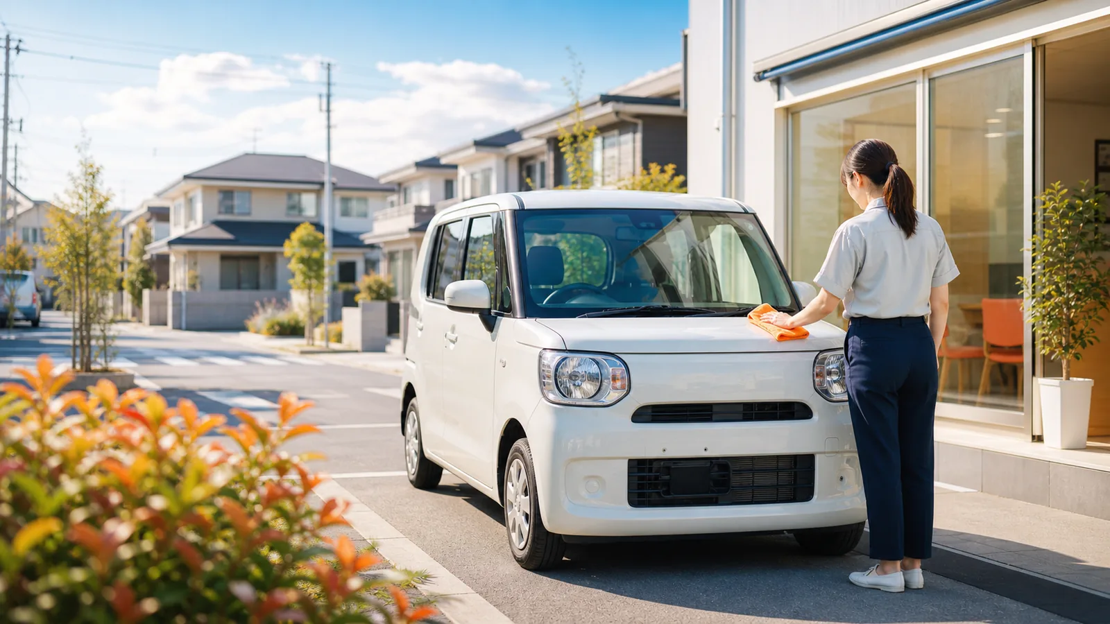 摂津市の住宅街で宅配されたマンスリーレンタカーを受け取る場面