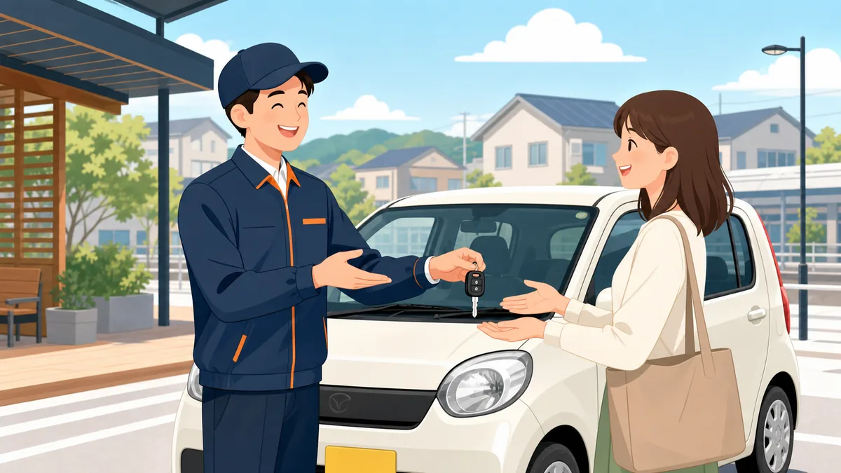車の前でスタッフと利用者が安心して受け渡しをする様子