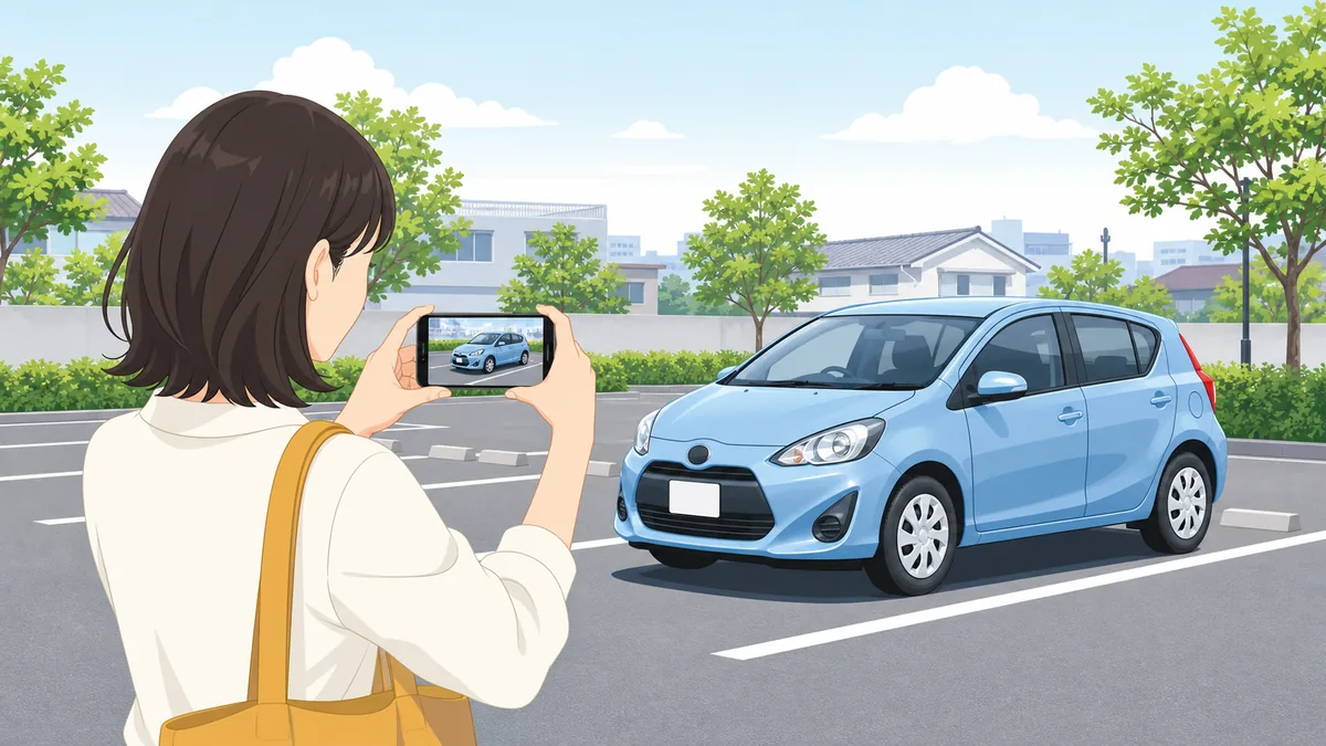 乗り捨て返却時に駐車した車をスマートフォンで撮影する利用者