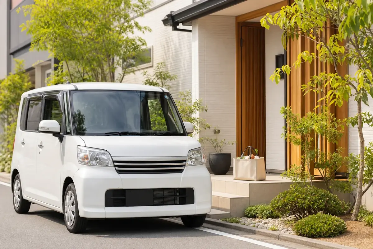 自宅前に届いた車を受け取る場面