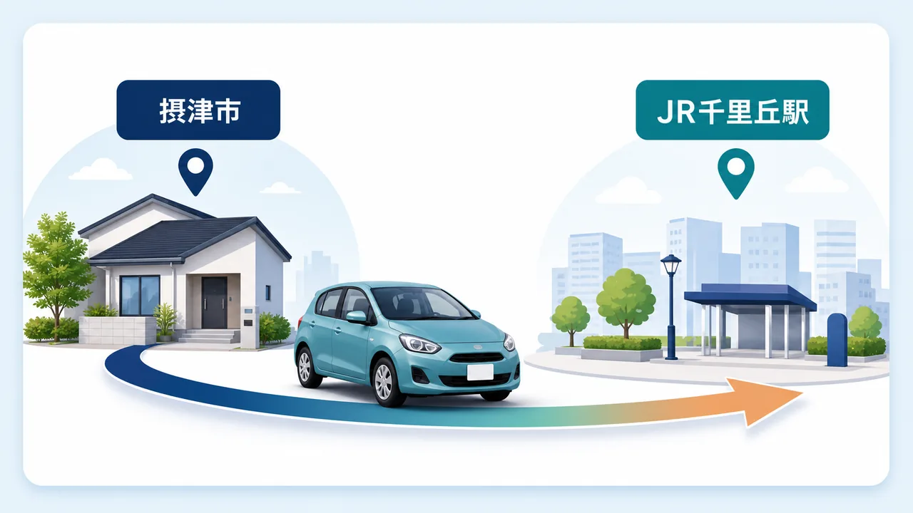 自宅で受け取りJR千里丘駅周辺で返却する流れの図解
