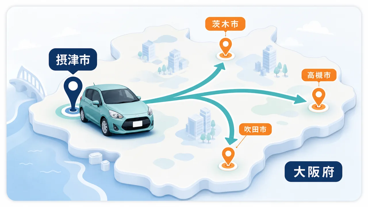 摂津市で借りて大阪府内の別エリアで返却する流れの図解