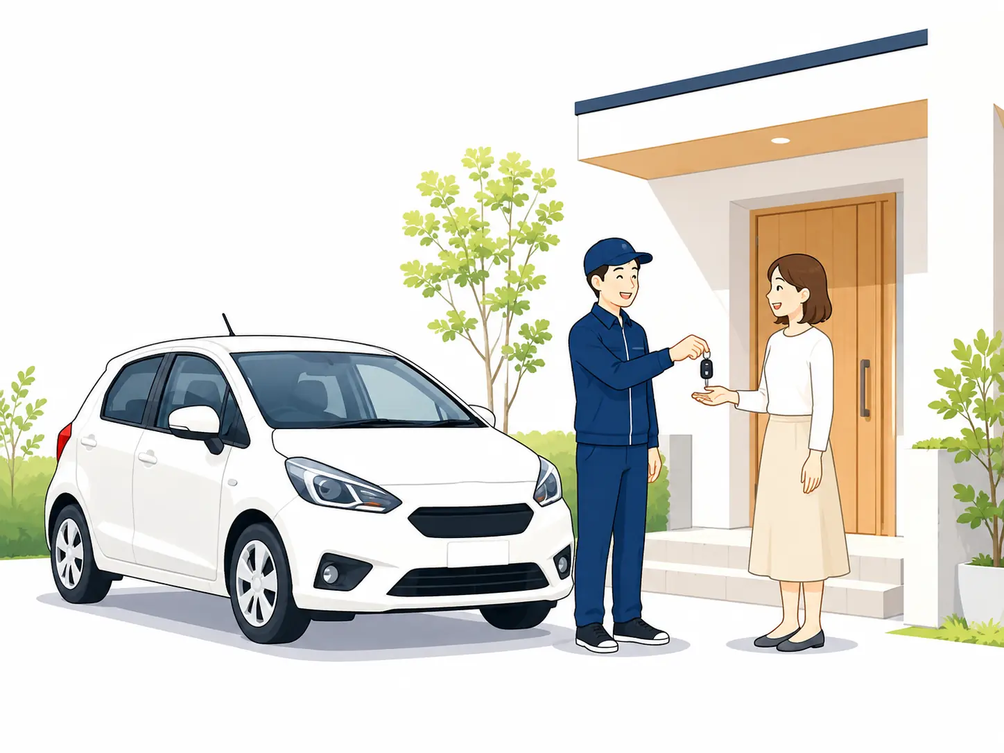 自宅前でスタッフから車の鍵を受け取る利用者