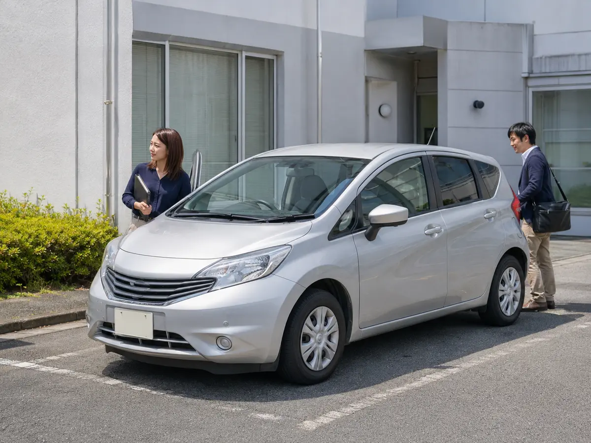 大阪で社用車として利用する日産ノートと営業先を訪問する会社員
