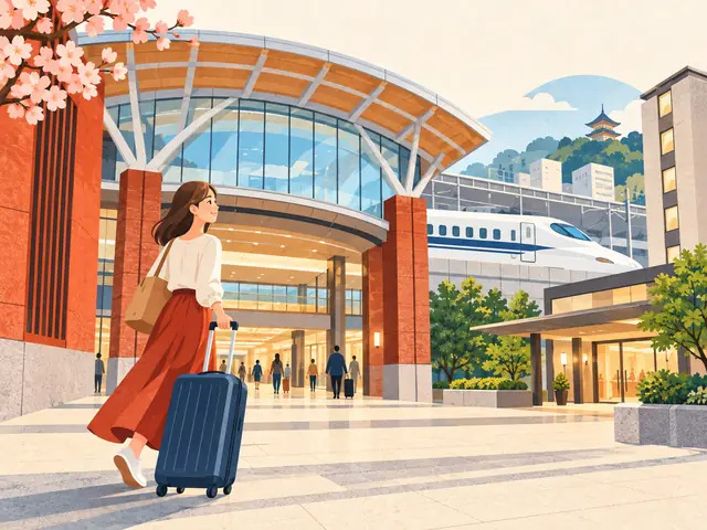 博多駅前と新幹線、スーツケースを描いた挿絵