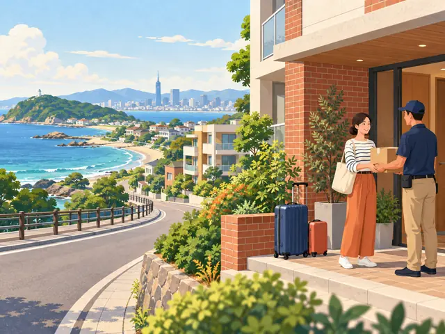 福岡西部の海辺と住宅地への宅配を描いた挿絵