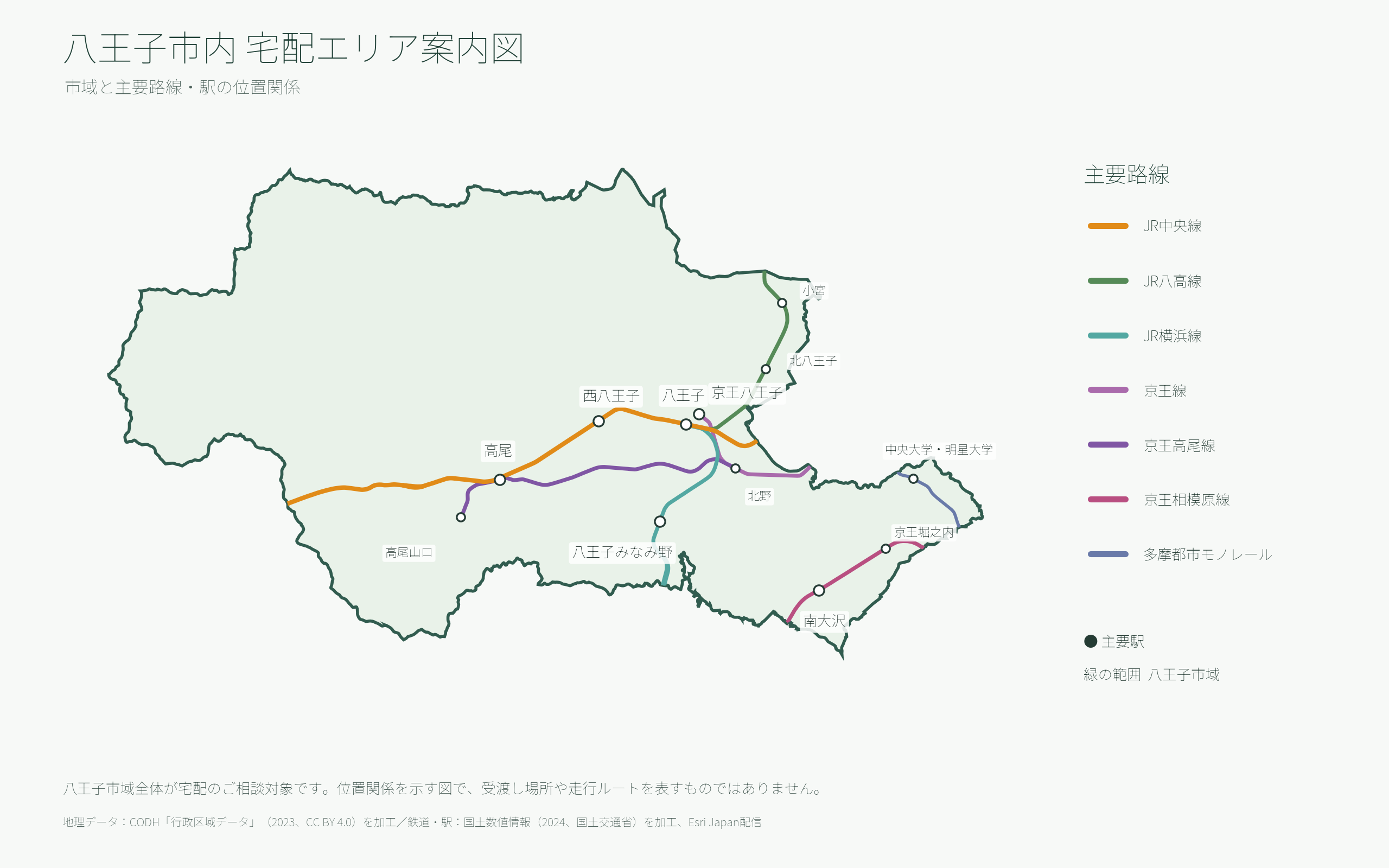 八王子市のマンスリーレンタカー宅配エリア図(JR中央線・京王線・多摩モノレールなど主要路線と駅)