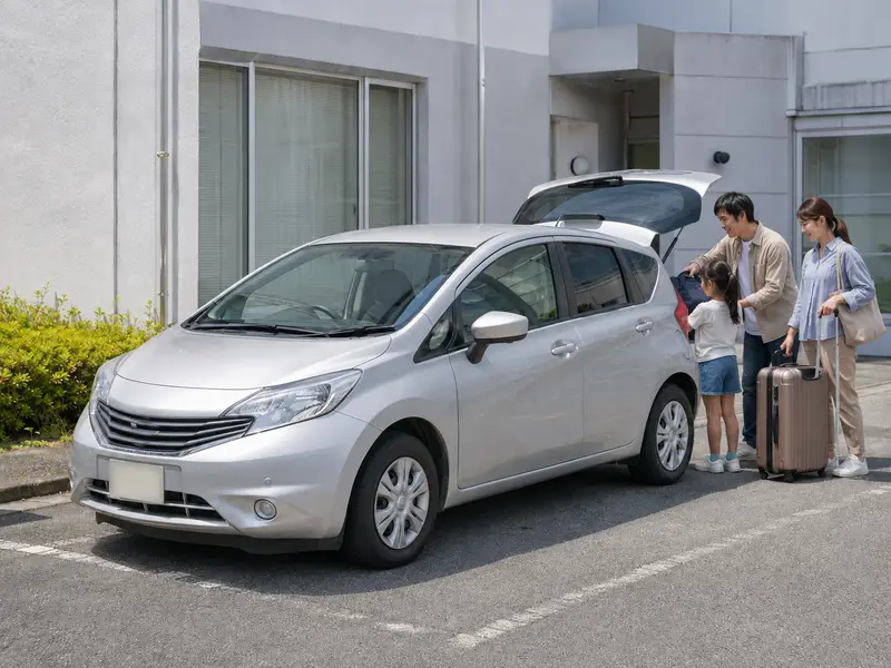 日産ノートに旅行の荷物を積み込む家族