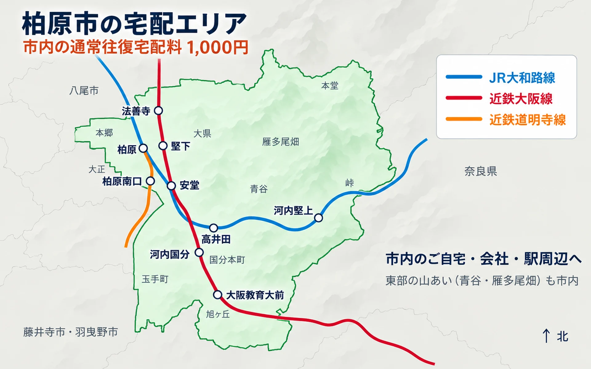 柏原市の宅配エリア図。市域とJR大和路線・近鉄大阪線・近鉄道明寺線の駅、主な町名