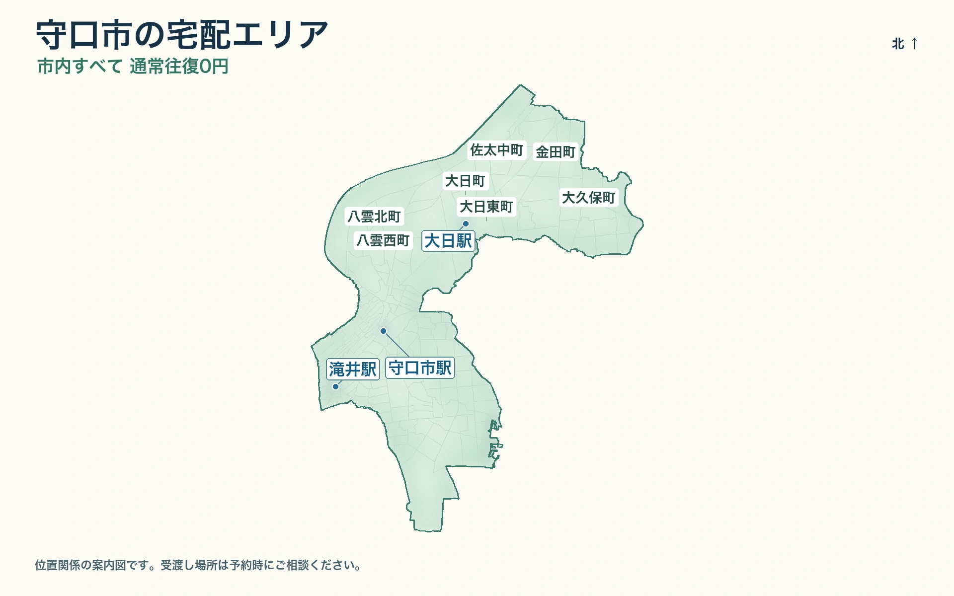 町名と守口市駅・滝井駅・大日駅の位置を示す、市域の宅配エリア案内図