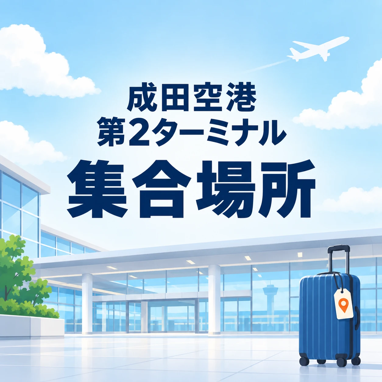 成田空港第2ターミナルの集合場所を案内する、空港とスーツケースのイラスト