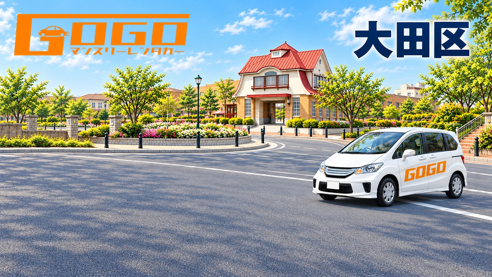 田園調布駅の旧駅舎を背景に、白いフリードが駅前の車道を進むイラスト