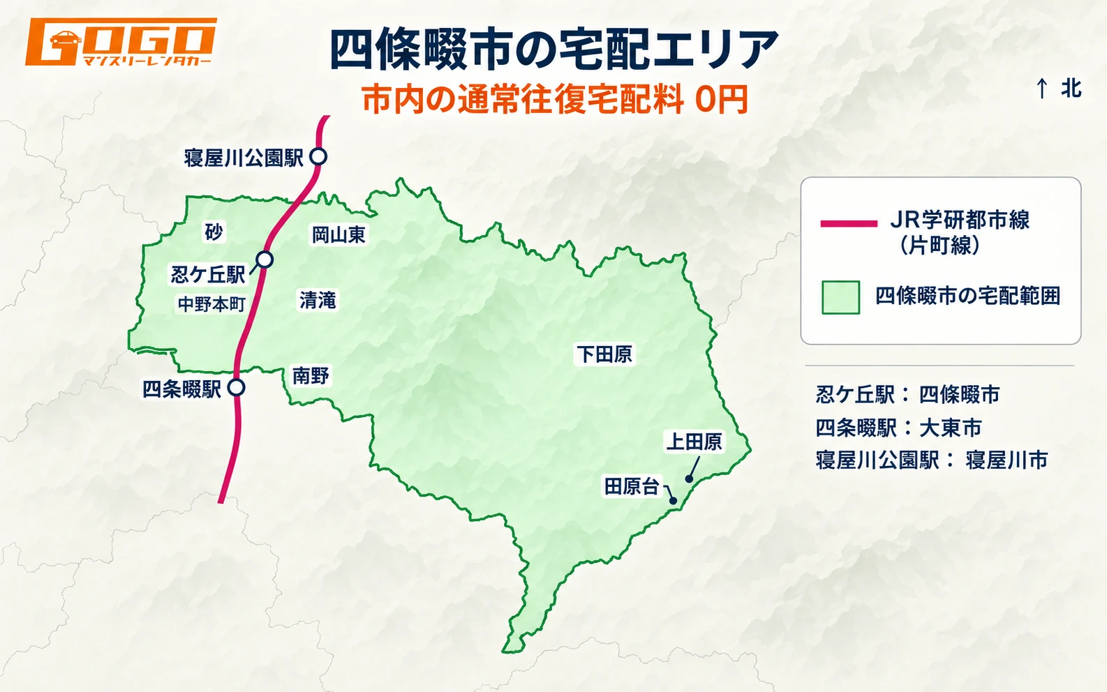 四條畷市全域とJR学研都市線、忍ケ丘駅・四条畷駅・寝屋川公園駅の位置を示す宅配エリア案内図